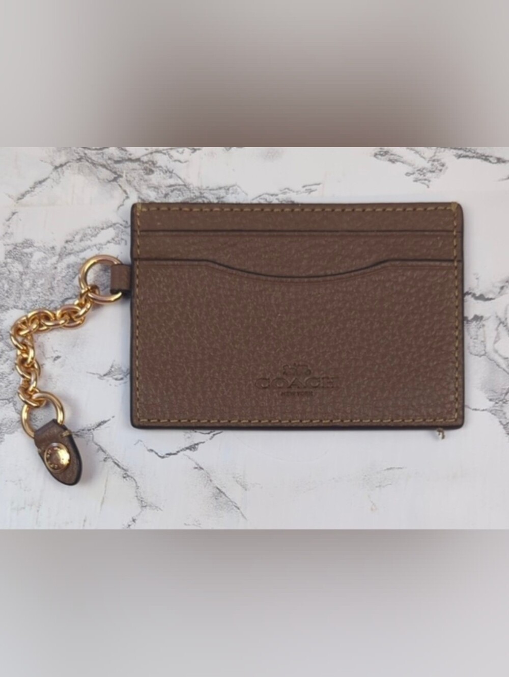 Coach Taupe Pebbled Leather ID Card Case Lanyard Gold Chain
